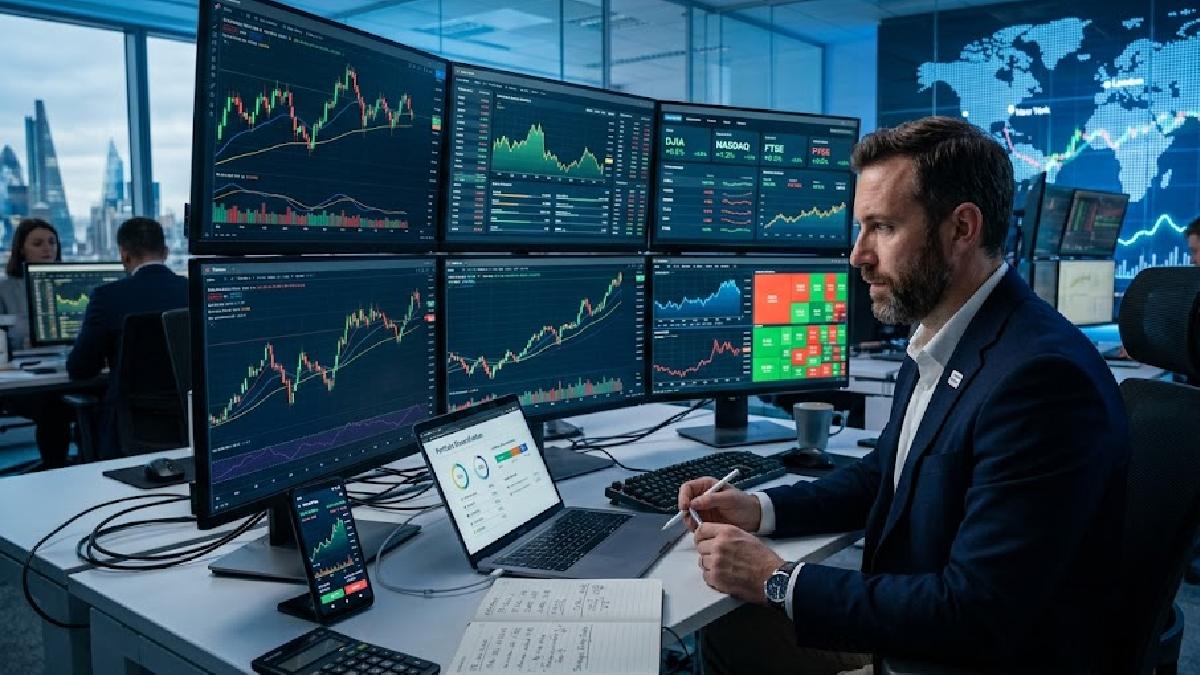 Investor analyzing stock market charts on multiple screens