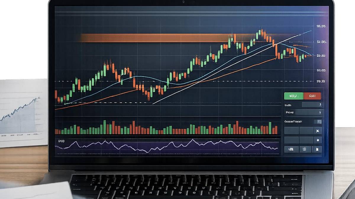 Close-up of candlestick charts and technical indicators
