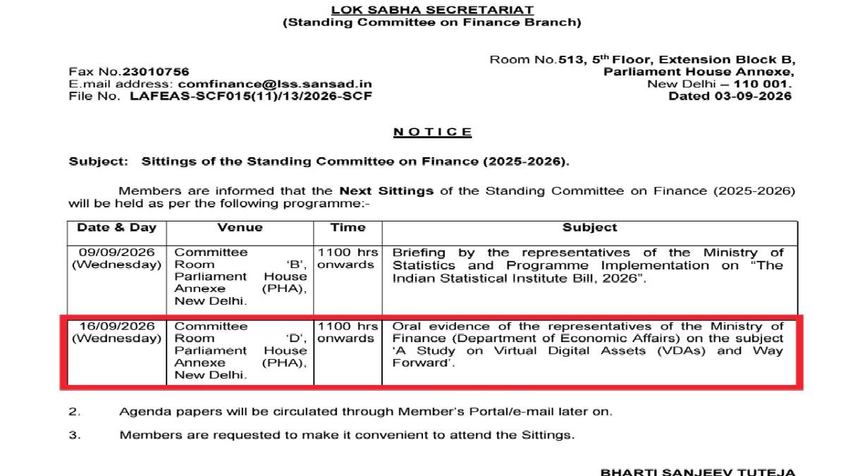 Parliamentary Finance Committee to Question Finance Ministry on Crypto, VDAs on Sept 16